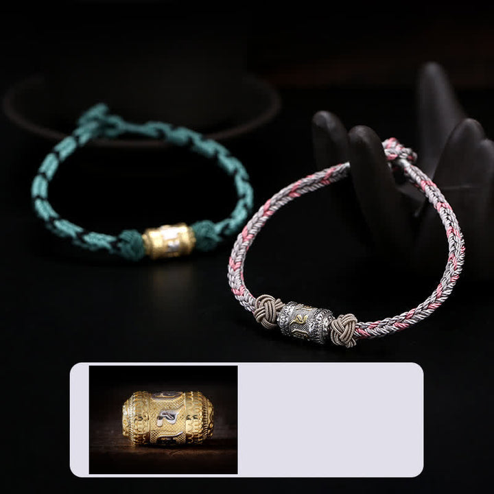 Buddha Stones 925 Srebro Sterlingowe Om Mani Padme Hum Koło Modlitewne Szczęście Siła Bransoletka z Czerwonego Sznurka