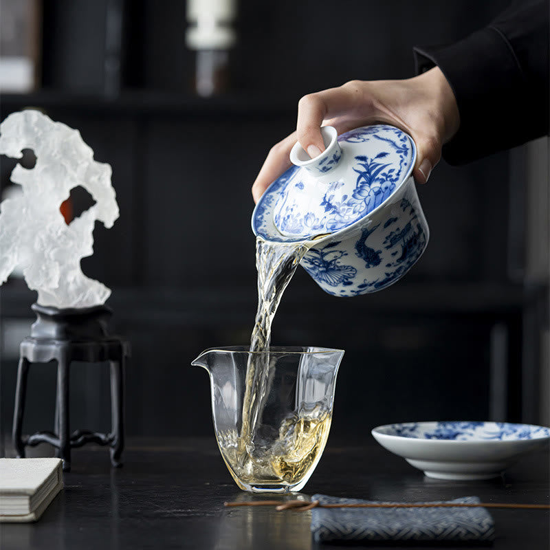 Buddha Stones Niebieskie I Białe Porcelany Lotos Ryba Koi Taniec Lwa Arbuz Ceramiczny Gaiwan Sancai Filiżanka Kung Fu Filiżanka I Spodek Z Pokrywką 300 ml