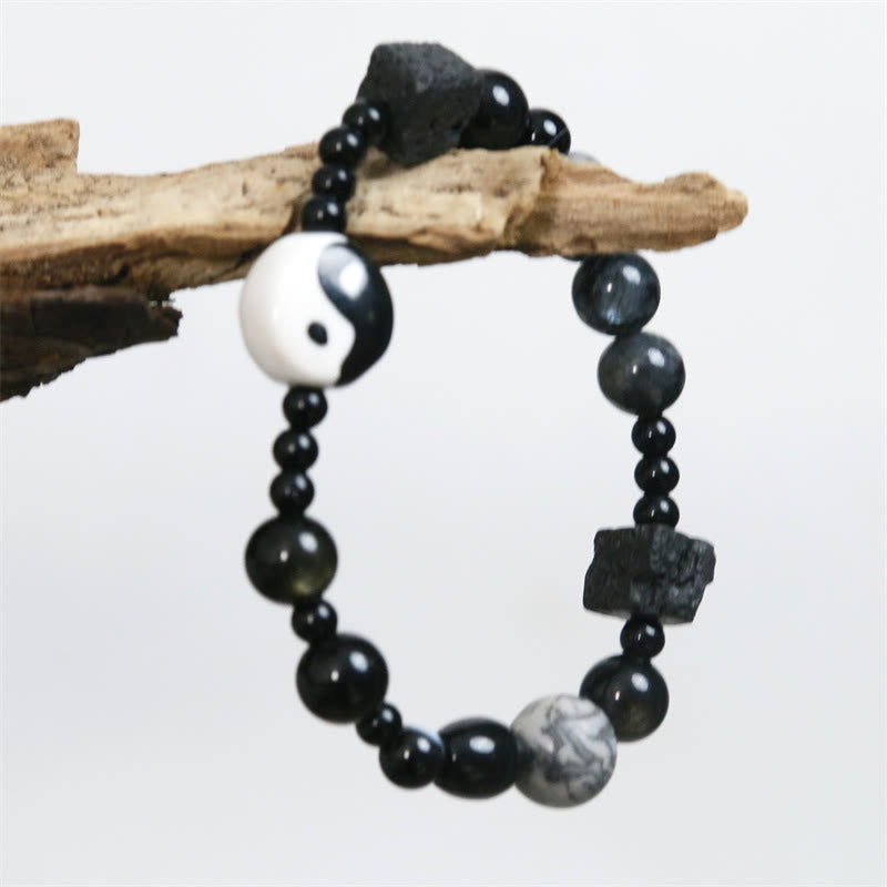 Bransoletka ochronna z Buddha Stones z czarnego onyksu i koralikami z jaspisu Picasso Yin Yang