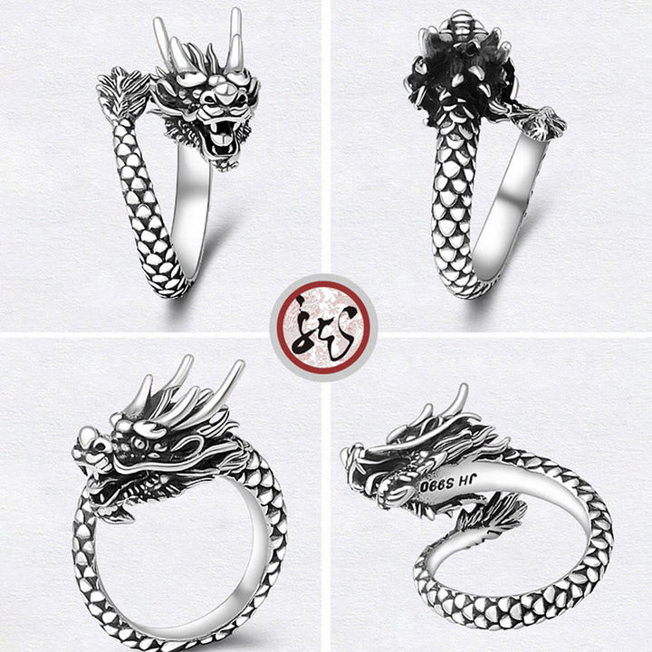 Buddha Stones 990 Srebro Sterlingowe Vintage Dragon Design Szczęście Ochrona Siła Regulowany Pierścień