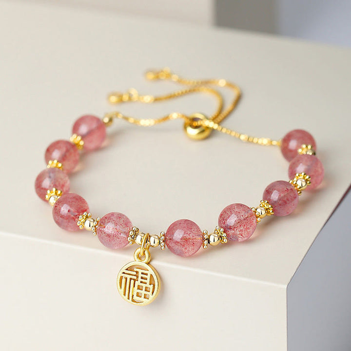 Bransoletka z Buddha Stones 14K pozłacana naturalna truskawka kwarc Fu Character Positive Charm