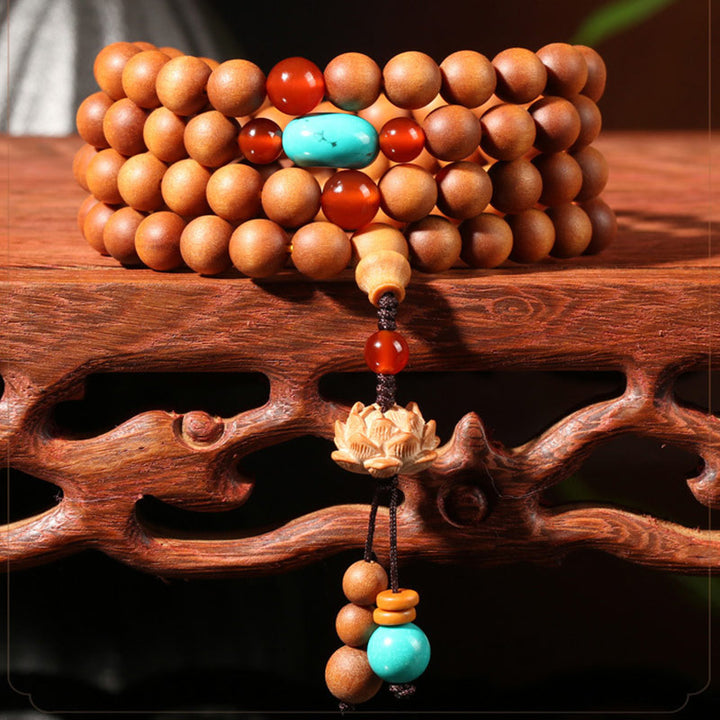 Buddha Stones Tybetańskie Sandałowiec Lotos Oświecenie Charm Mala Bransoletka