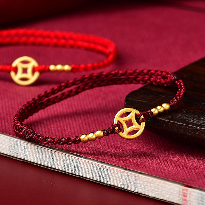 Buddha Stones Miedziana Moneta Siła Pleciona Bransoletka Sznurkowa Anklet