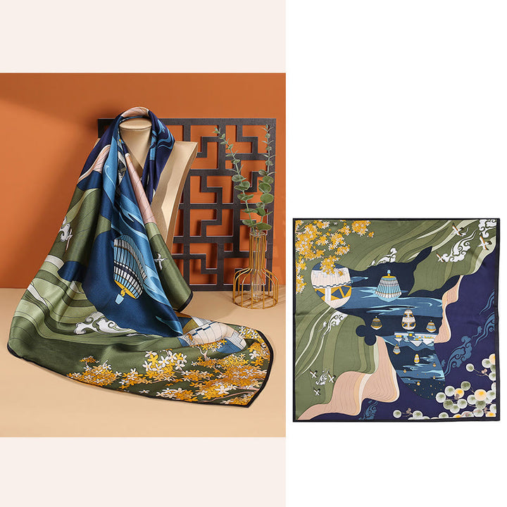 Buddha Stones Scena pasterska Balon na gorące powietrze Wiosenne kwiaty 100% jedwabiu morwowego Chusta na szyję - Granatowy balon na ogrzane powietrze - image 9