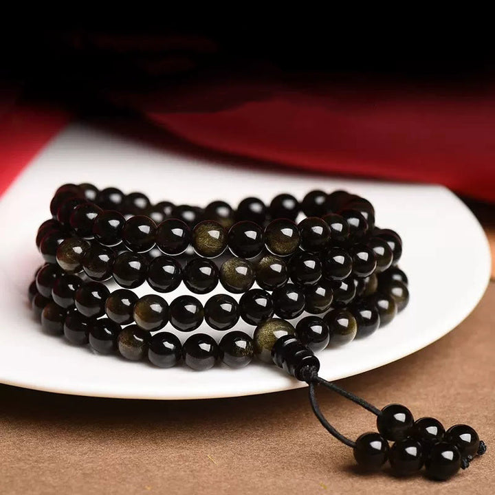 Buddha Stones 108 Mala Beads Naturalny Złoty Połysk Obsydian Bransoletka Bogactwa