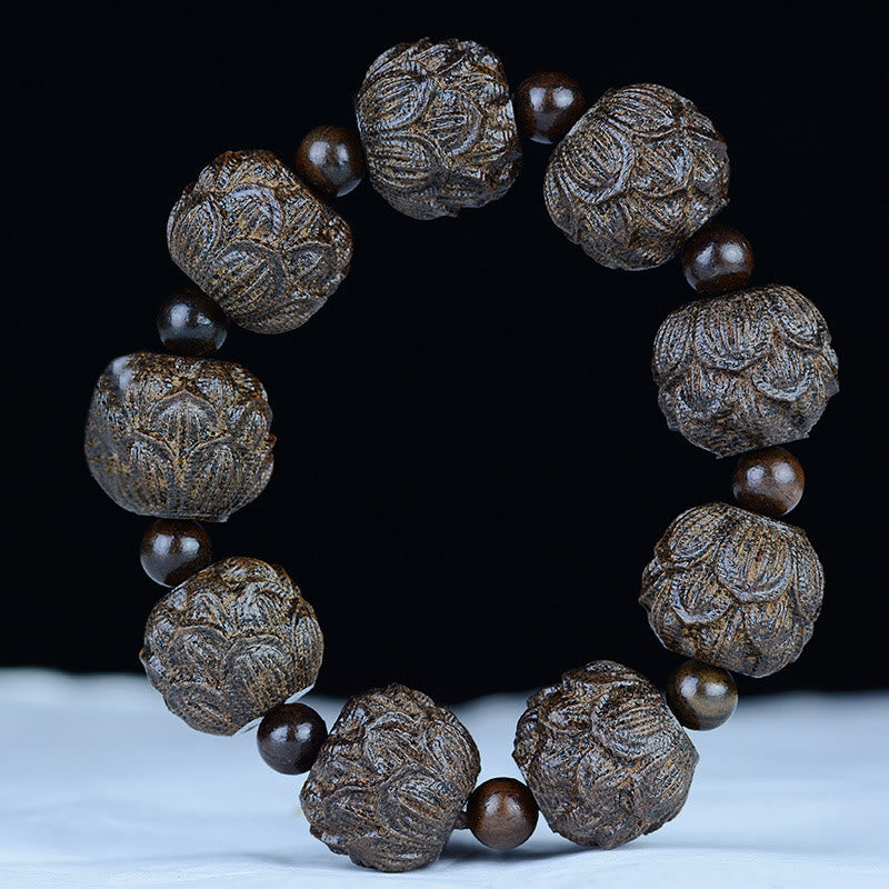 Buddha Stones Drewno Hebanowe Osiemnastu Arhatów Lotos Smok Grawerowana Bransoletka Równowagi