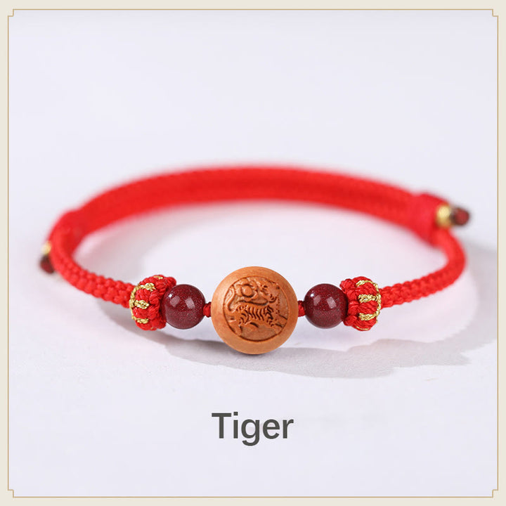 Buddha Stones Naturalne Drewno Brzoskwiniowe Chińskie Zodiak Fu Znak Rzeźbiony Cynober Bransoletka Bogactwa