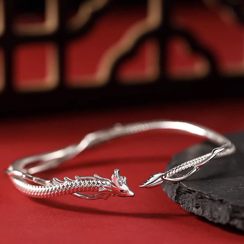 Buddha Stones 925 Srebro Sterlingowe Rok Smoka Projekt Szczęścia Metalowa Bransoletka Mankietowa Bangle
