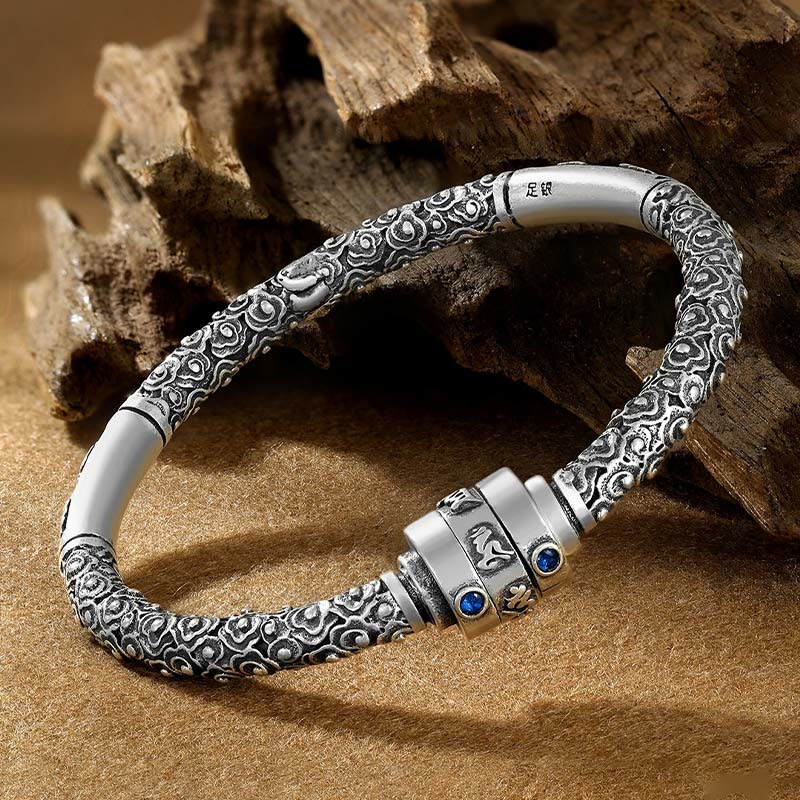 Buddha Stones 990 Srebro Sterling Tybetańskie Pomyślne Chmury Om Mani Padme Hum Grawerowana Bransoletka Kreatywności Bangle - Pomyślne chmury Om Mani Padme Hum (obwód nadgarstka 15-17 cm) - image 0