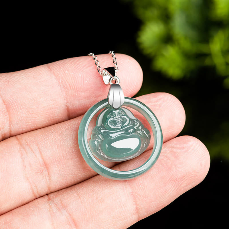 Buddha Stones 925 Srebro Sterlingowe Naturalny Jade Okrągły Śmiejący Się Budda Obfitość Naszyjnik Łańcuch Wisiorek