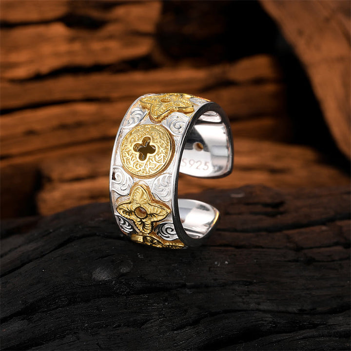 Pierścionek szczęścia z motywem kwiatów z dynastii Tang , Buddha Stones, 925 Sterling Silver
