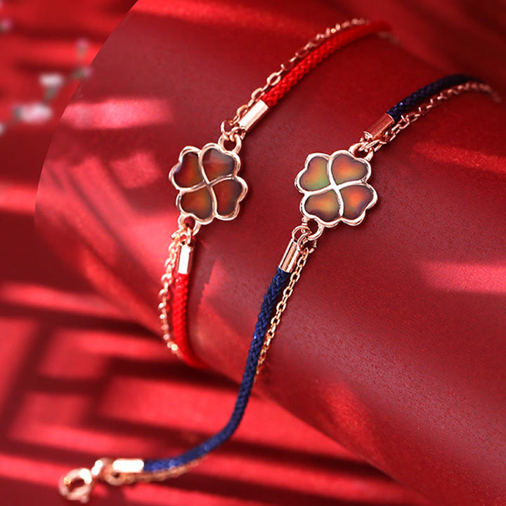 Bransoletka Buddha Stones 925 Sterling Silver Color Changing Four Leaf Clover Luck Protection Red String