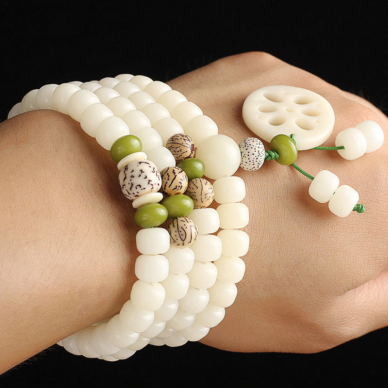 Buddha Stones Białe Nasiona Bodhi Mala 108 Koralików Bransoletka Szczęścia