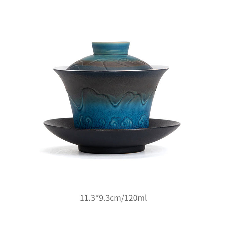 Buddha Stones Retro Niebieski Ocean Fale Morskie Gradient Ceramiczny Gaiwan Sancai Filiżanka Kung Fu Filiżanka I Spodek Z Pokrywką