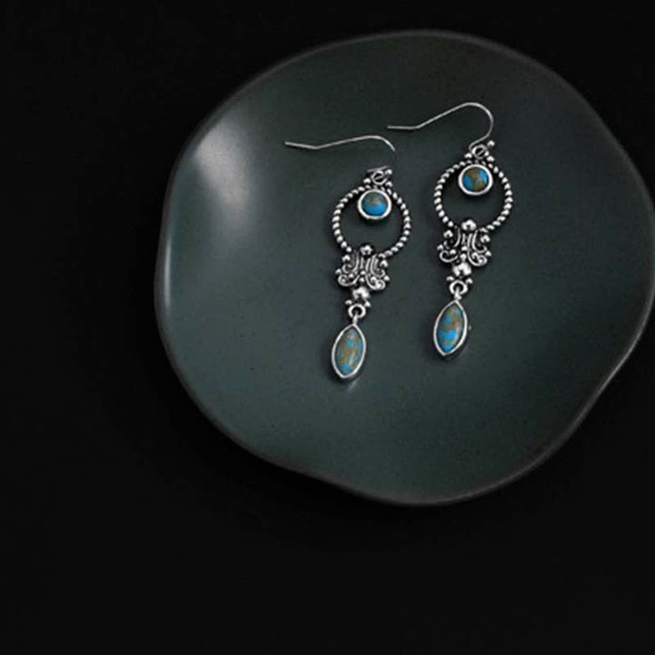 Kolczyki wiszące Buddha Stones 925 Sterling Silver Vintage Turquoise Waterdrop Pattern Balance Drop