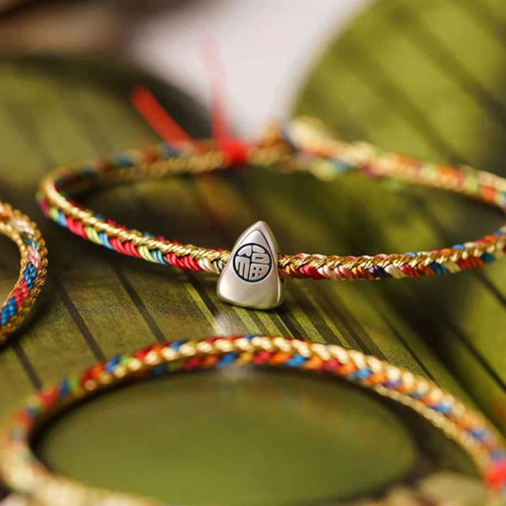 Buddha Stones 925 Srebro Sterlingowe Wzór Fu Zongzi Wielokolorowy Sznur Szczęścia Ręcznie Robiona Bransoletka Pleciona