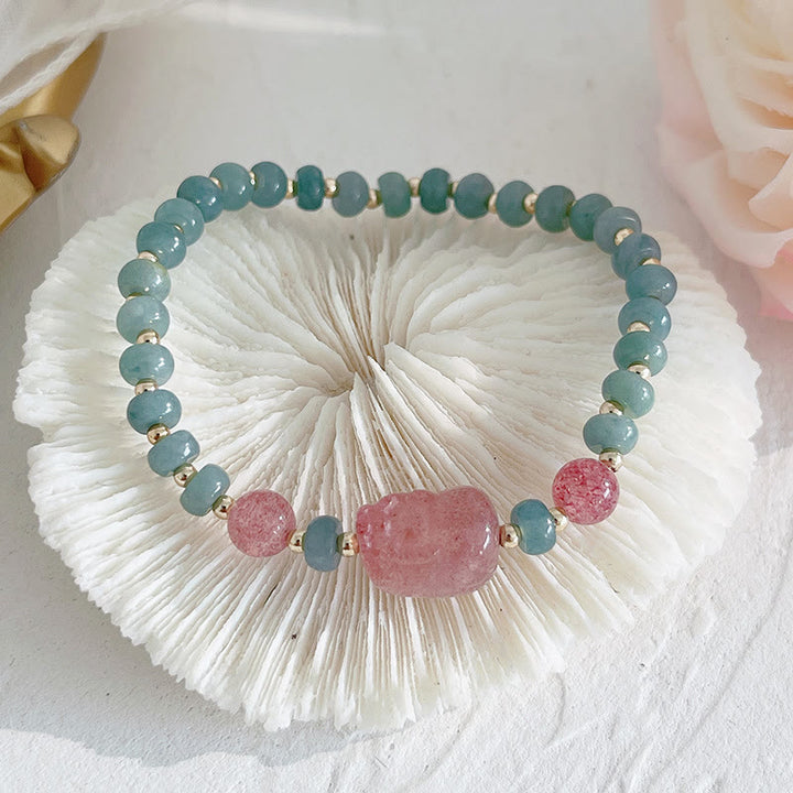 Buddha Stones Naturalne Hetian Jade Pearl Peace Buckle Fu Character Gourd Money Bag Truskawkowy Kwarc Bransoletka PiXiu Luck