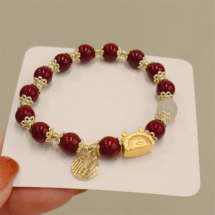 Buddha Stones Rok Smoka Czerwony Agat Kwarc Truskawkowy Czarny Obsydian Jadeit Granat Perła Cynober Pierożek Smok Szczęście Fu Bransoletka - Cynober (obwód nadgarstka 14-19 cm) - image 33