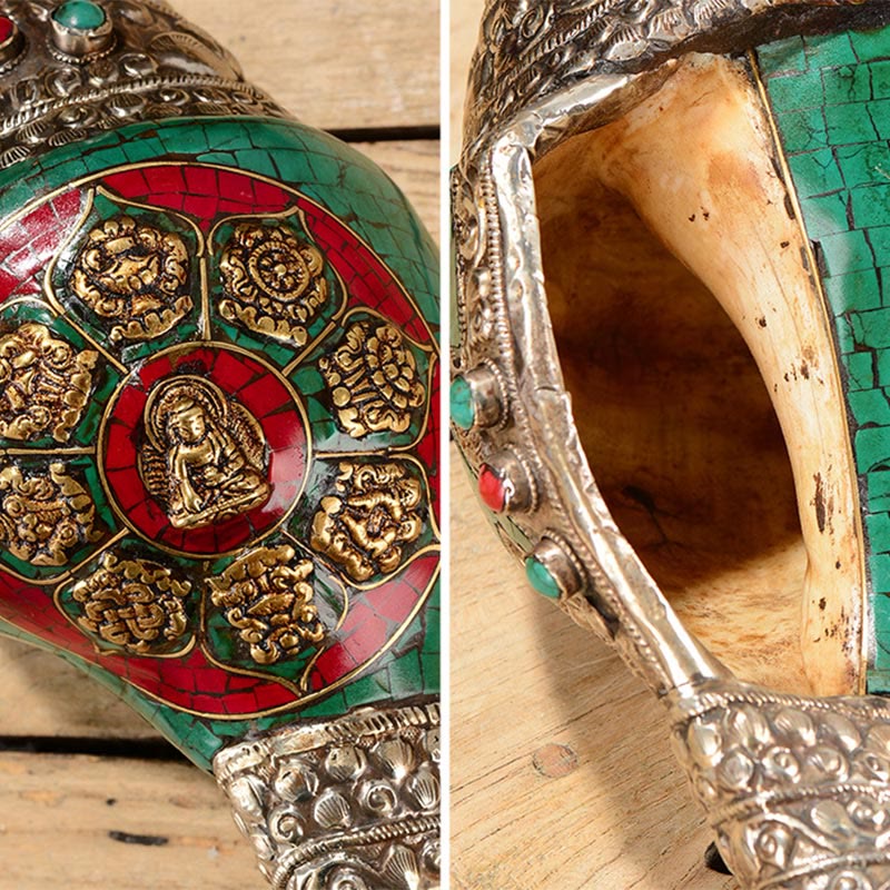 Tybetański ręcznie grawerowany Shankha Double Dorje Budda Conch Shell Wealth Pozytywna dekoracja