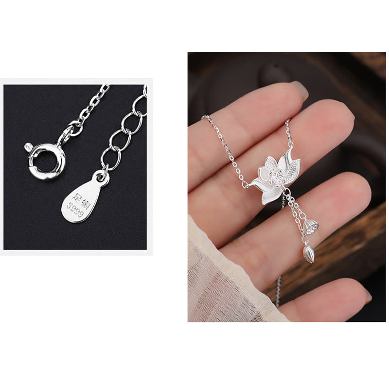 Buddha Stones 999 Srebro Sterling Kwiat Lotosu Rzeźbiony Naszyjnik Oświecenie Wisiorek