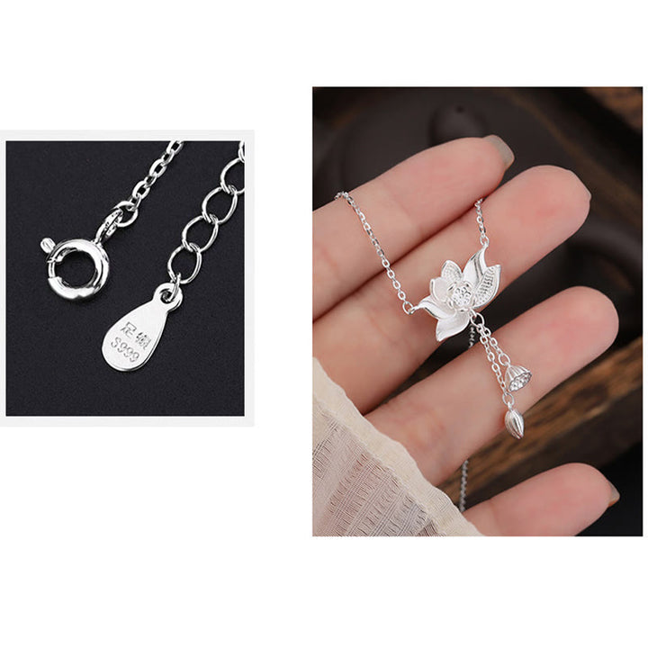 Buddha Stones 999 Srebro Sterling Kwiat Lotosu Rzeźbiony Naszyjnik Oświecenie Wisiorek
