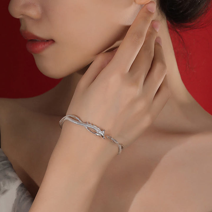 Buddha Stones 925 Srebro Sterlingowe Rok Smoka Projekt Szczęścia Metalowa Bransoletka Mankietowa Bangle