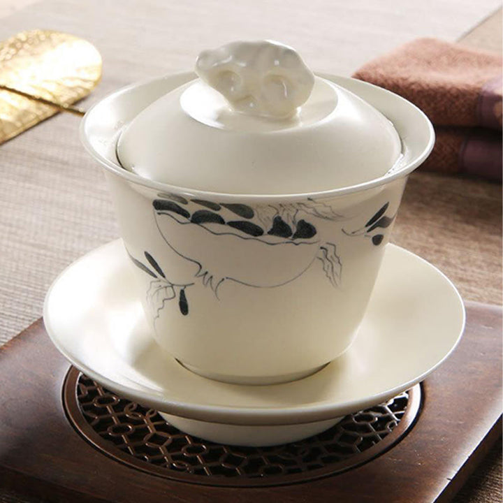 Buddha Stones malowane ręcznie granat hibiskus sosna lotos ceramiczny Gaiwan Sancai filiżanka do herbaty Kung Fu filiżanka do herbaty i spodek z pokrywką