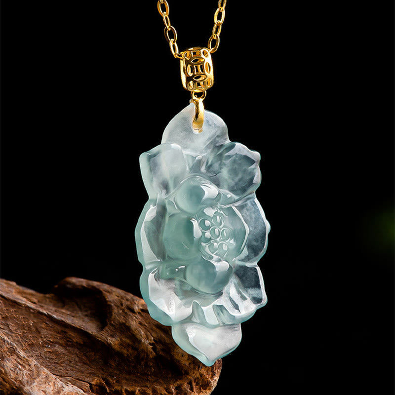 Buddha Stones 18K Złoto Naturalny Jadeit Wzór Lotosu Naszyjnik Wisiorek Dobrobyt - image 4