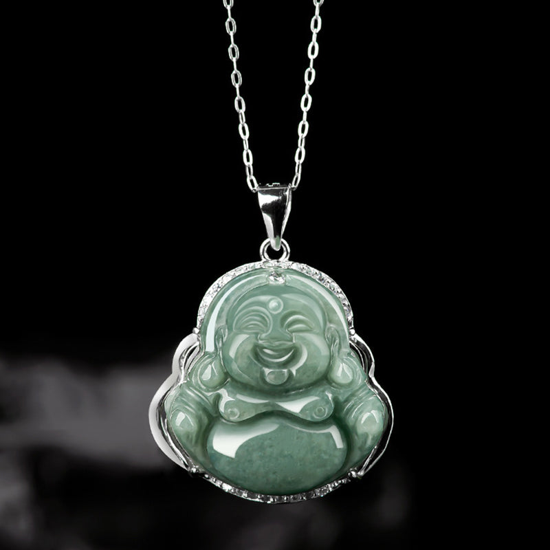 Buddha Stones 925 Srebro Sterlingowe Śmiejący się Budda Jadeit Obfitość Naszyjnik Łańcuszek Wisiorek - image 2