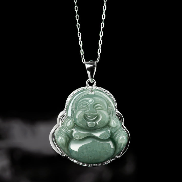 Buddha Stones 925 Srebro Sterlingowe Śmiejący się Budda Jadeit Obfitość Naszyjnik Łańcuszek Wisiorek - image 2