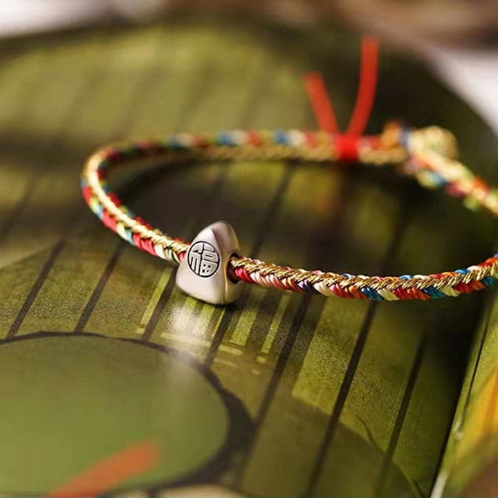 Buddha Stones 925 Srebro Sterlingowe Wzór Fu Zongzi Wielokolorowy Sznur Szczęścia Ręcznie Robiona Bransoletka Pleciona