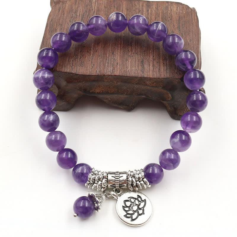 Bransoletka z kryształu ametystu i Buddha Stones, lotosu, uzdrawiająca równowaga