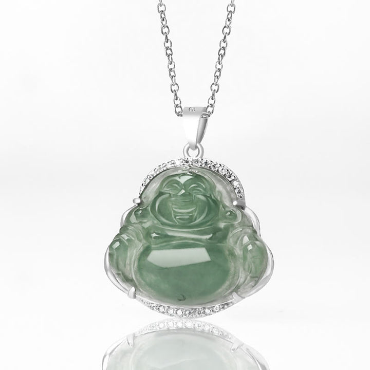 Buddha Stones Śmiejący się Budda Naturalny Jadeit Szczęście Dobrobyt Tytanowy Stalowy Łańcuszek Wisiorek - image 4