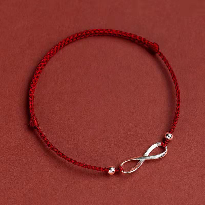 Buddha Stones 925 Srebro Sterlingowe Endless Knot Protection Luck Bransoletka z czerwonego sznurka Anklet