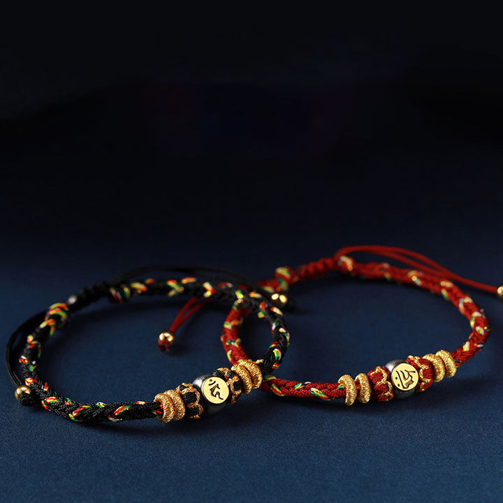 Buddha Stones Chiński Zodiak Natal Budda Srebrny Szczęście Bransoletka Pleciona Sznurkiem