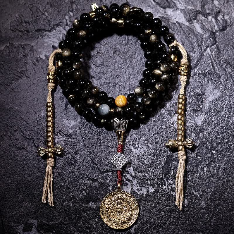 Buddha Stones 108 Mala Beads Złoty połysk Obsydian Tygrysie Oko Orle Oko Kamień Bransoletka Bogactwa