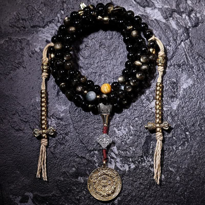 Buddha Stones 108 Mala Beads Złoty połysk Obsydian Tygrysie Oko Orle Oko Kamień Bransoletka Bogactwa