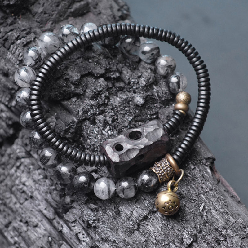 Buddha Stones Czarny Kwarc Rutilowany Drewno Hebanowe Miedź Mądrość Para Bransoletka