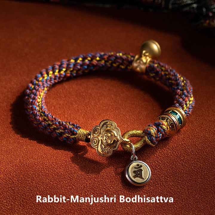 Buddha Stones 925 Srebro Sterlingowe Chiński Zodiak Natal Budda Om Mani Padme Hum Dzwonek Szczęścia Bransoletka ze Sznurka Plecionego