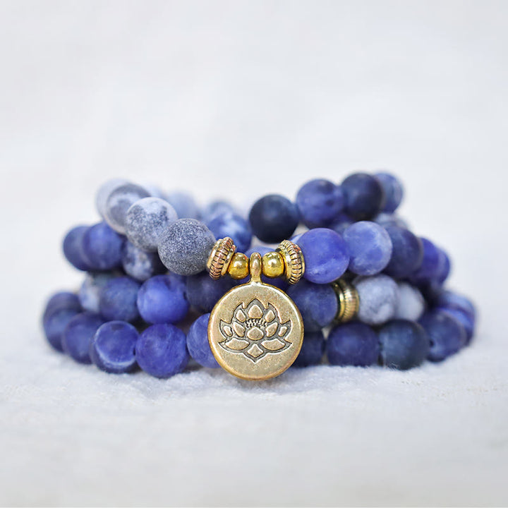 Buddha Stones Bransoletka z 108 naturalnych jaspisów Picasso i niebieskich kamieni Mala Bead Lotus