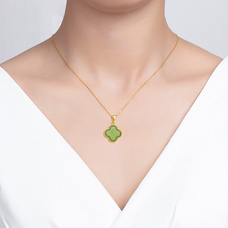 Buddha Stones 925 Srebro Sterling Naturalny Jadeit Hetian Szczęście Naszyjnik Wisiorek Czterolistna Koniczyna