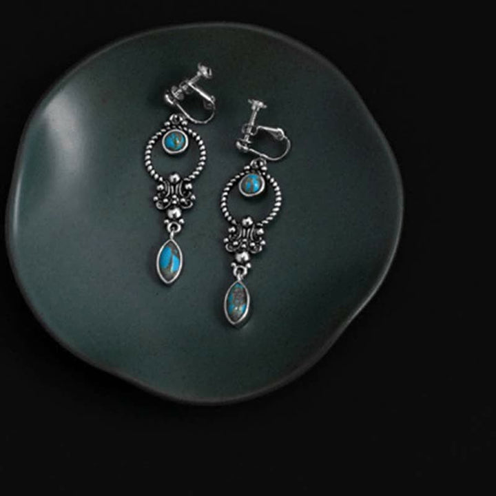 Kolczyki wiszące Buddha Stones 925 Sterling Silver Vintage Turquoise Waterdrop Pattern Balance Drop