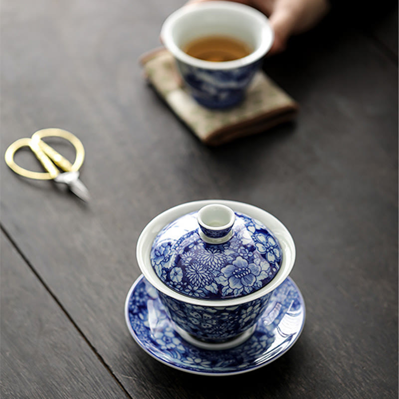 Buddha Stones Vintage Niebieski I Biały Porcelana Ceramiczna Gaiwan Sancai Filiżanka Kung Fu Filiżanka I Spodek Z Pokrywką