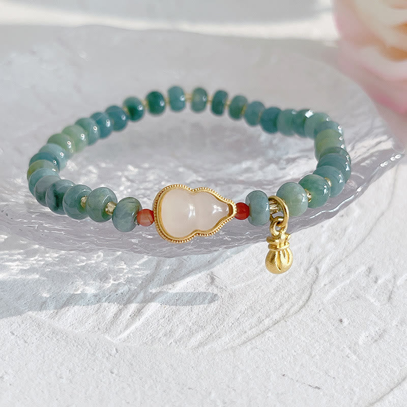Buddha Stones Naturalne Hetian Jade Pearl Peace Buckle Fu Character Gourd Money Bag Truskawkowy Kwarc Bransoletka PiXiu Luck