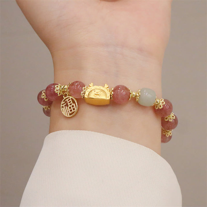 Buddha Stones Rok Smoka Czerwony Agat Kwarc Truskawkowy Czarny Obsydian Jadeit Granat Perła Cynober Pierożek Smok Szczęście Fu Bransoletka - image 12