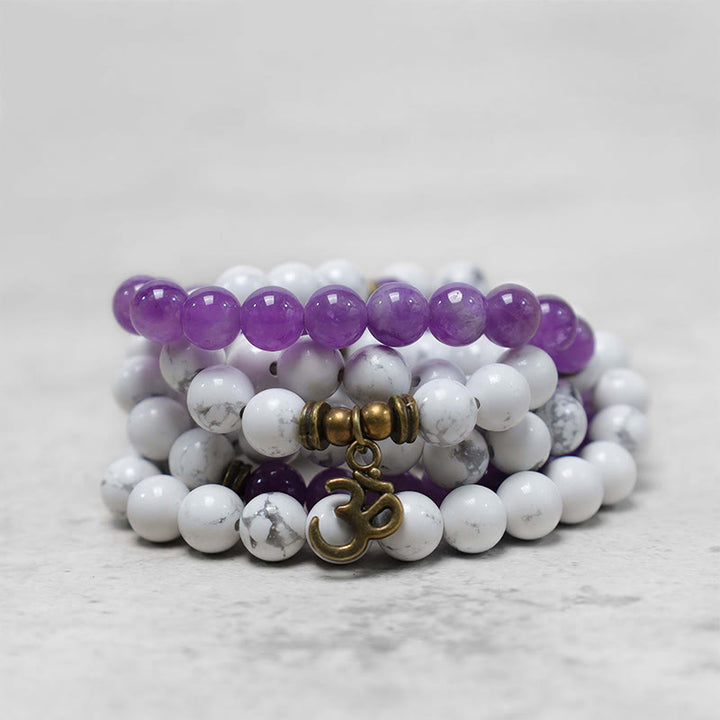 Buddha Stones 108 Mala Beads Ametyst Biały Turkus OM Healing Medytacja Energia Bransoletka