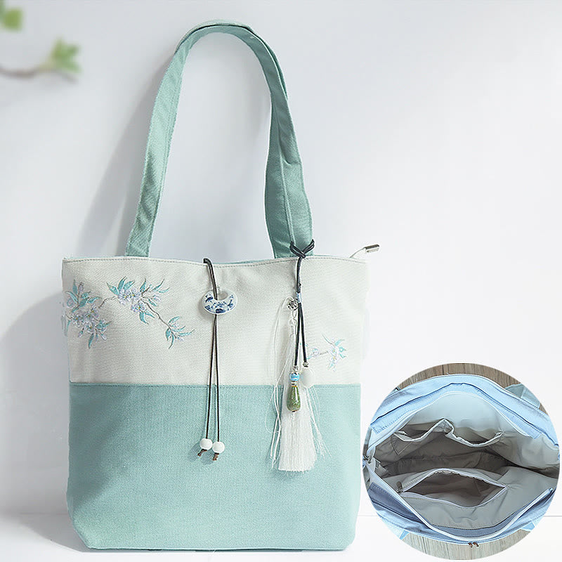 Kwiat gruszy śliwka brzoskwiniowy kwiat bambus haft płótno duża pojemność torba na ramię torba typu tote - image 1