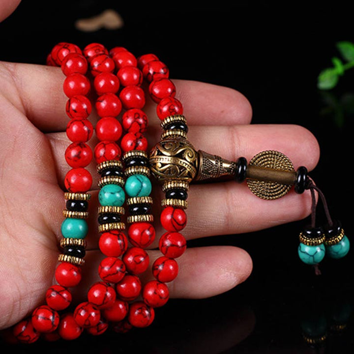Buddha Stones Tybetańskie Mala Czerwony Turkusowy Naszyjnik Szczęśliwy Bransoletka