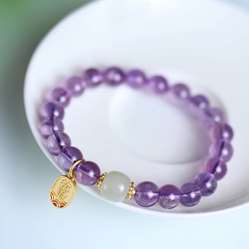 Buddha Stones Naturalny Ametyst Kryształ Hetian Jade Healing Charm Bransoletka