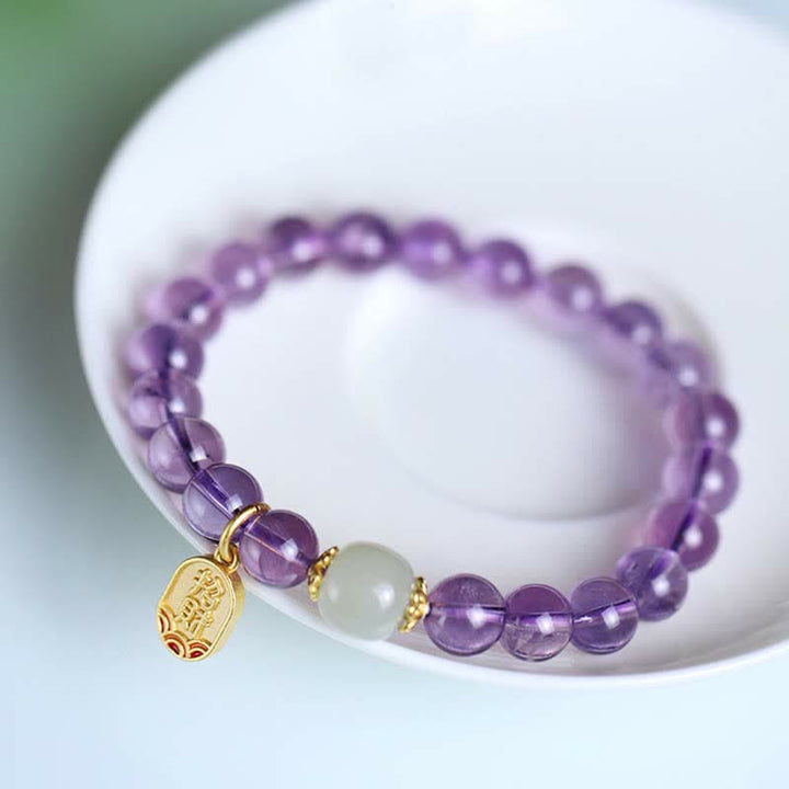 Buddha Stones Naturalny Ametyst Kryształ Hetian Jade Healing Charm Bransoletka